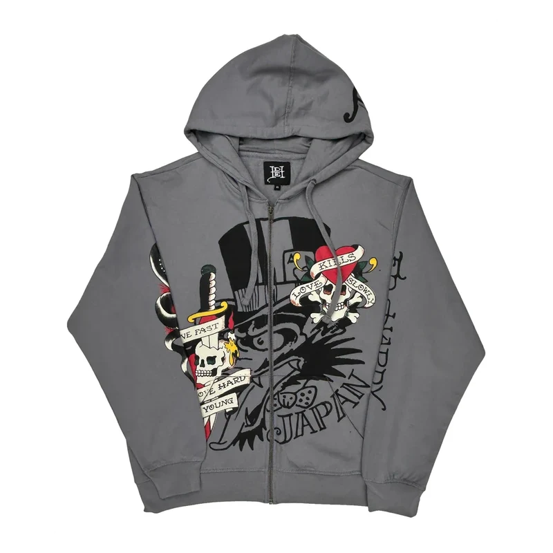 Skull Ed Hardy Graphic Hoodie - XL Gray Cotton