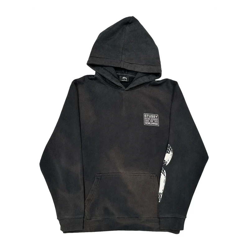 Faded Worldwide Stussy Graphic Hoodie - Large Black Cotton