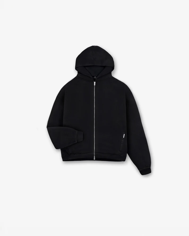 Initial Boxy Zip Through Hoodie - Jet Black