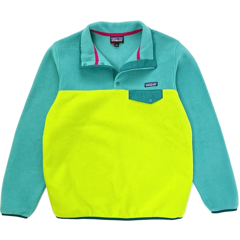 2015 Patagonia Womens Synchilla Snap-T Pullover, Light Teal & Neon Green (L)