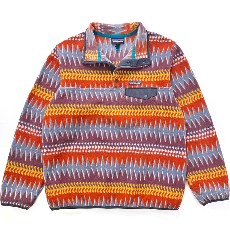 2017 Patagonia Womens Printed Synchilla Snap-T, Laughing Waters: Dark Ruby (L)