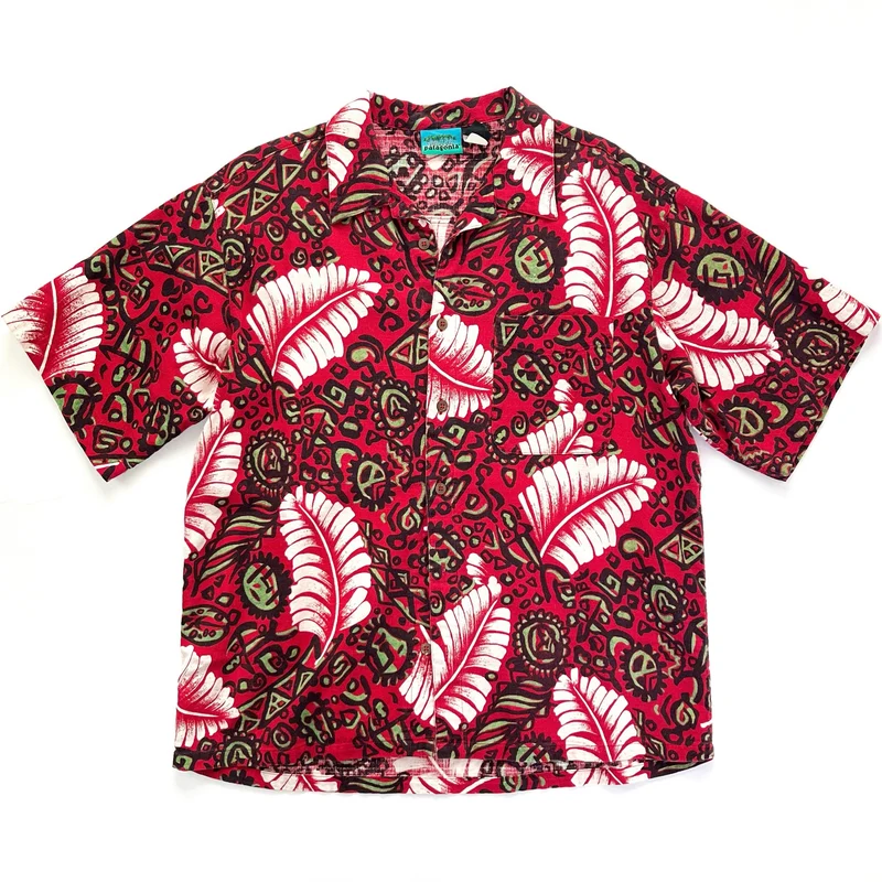 1994 Patagonia Mens A/C Cotton Print Shirt, Palm Leaf Print: Red / Green (M/L)