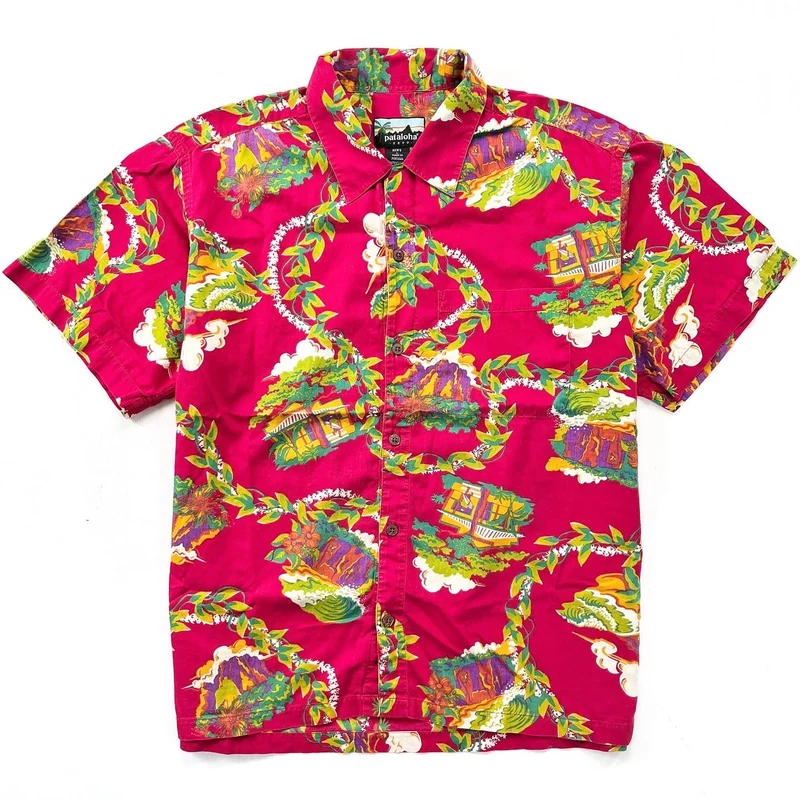 2000 Patagonia Mens Limited Edition Pataloha Print Shirt, Bright Red (L)
