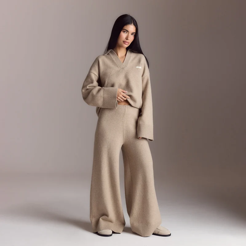 Gebreide broek met geribde zoom - Nerts