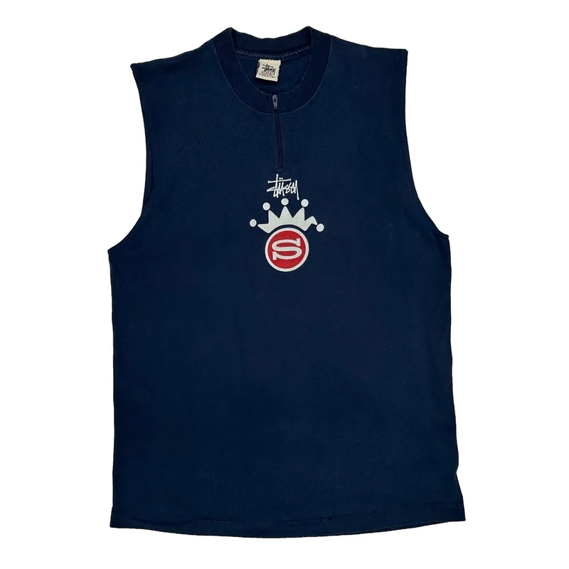 Crown Logo Stussy Graphic Vest - Large Navy Cotton