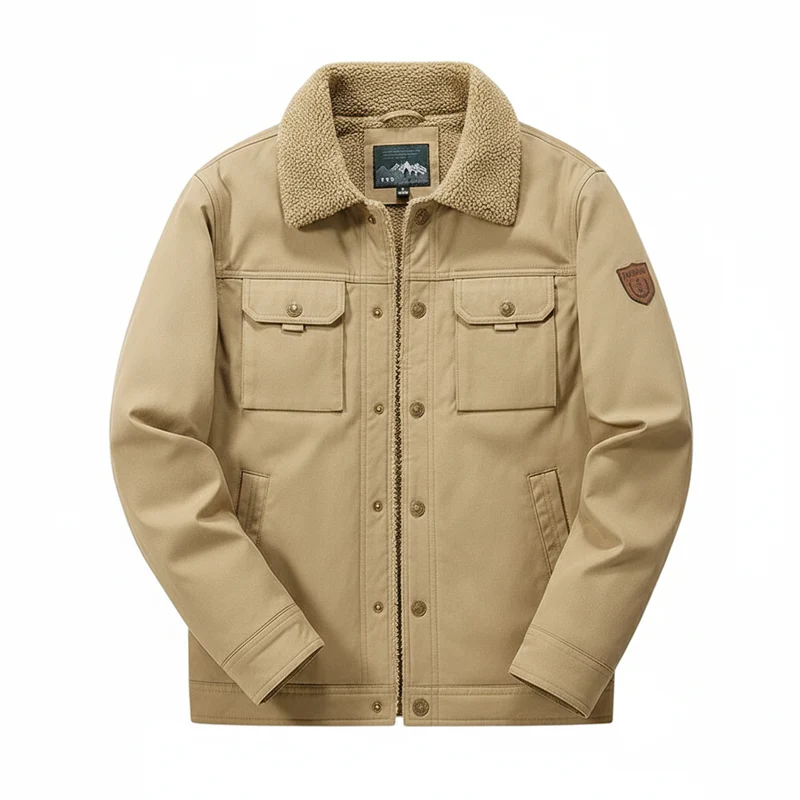 Heren winter fleecejack, dik, warm, casual, winddicht, met bontkraag, ideaal voor buitenactiviteiten in de herfst.