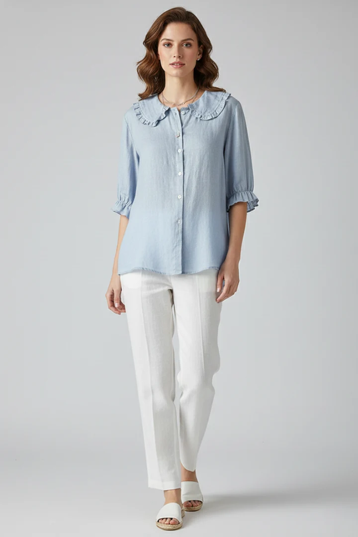 Marellie - Womens Casual Shirt Ruffled Collar Button Front