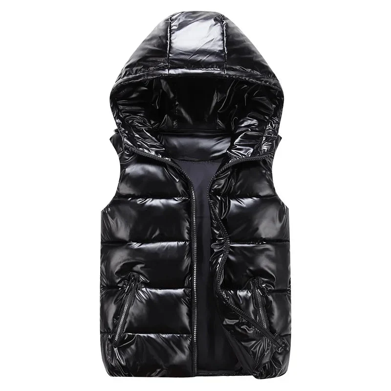Mouwloos wintervest voor heren - Modieus glanzend jack met capuchon en zakken, warm gewatteerd katoenen vest in rood en zwart voor de herfst