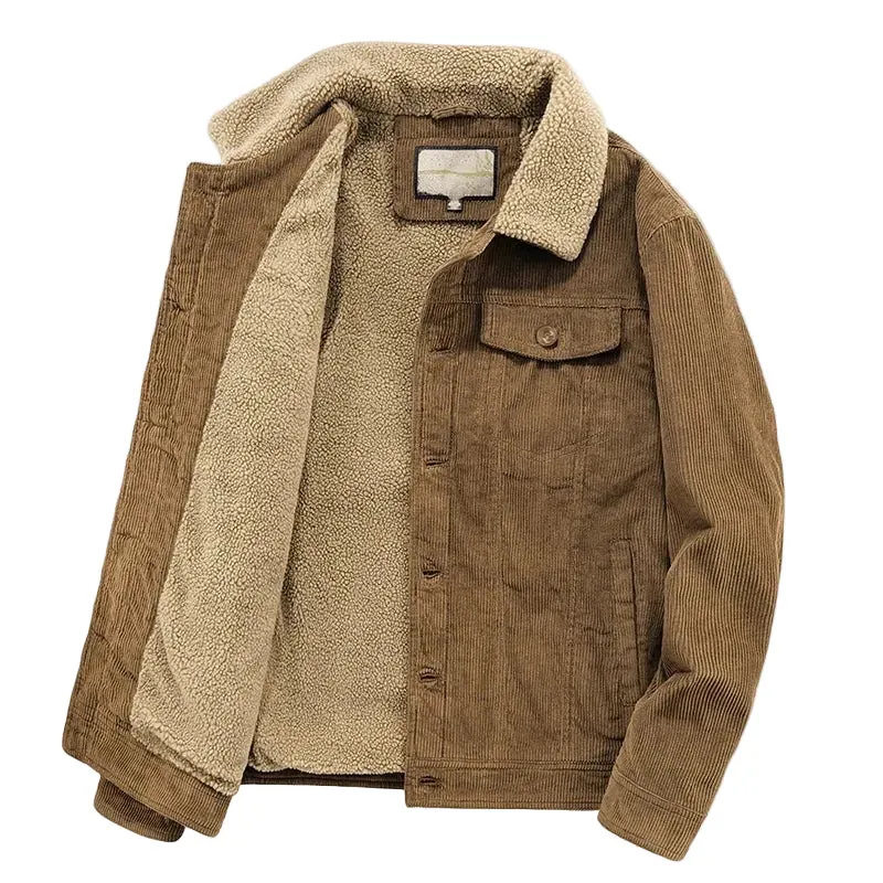 Vintage kaki corduroy jas met dikke fleecevoering en warme parka-achtige kraag in retro jachtstijl.
