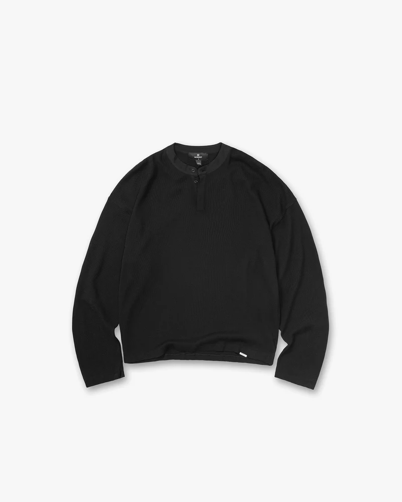 Initial Henley Waffle Long Sleeve T-Shirt - Jet Black