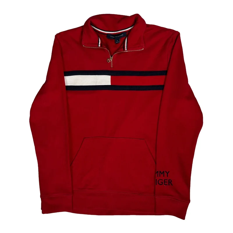 Tommy Hilfiger Striped 1/4 Zip - Medium Red Cotton