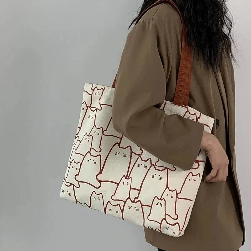 Leuke katten draagtas – Japanse stijl canvas schoudertas met ritssluiting
