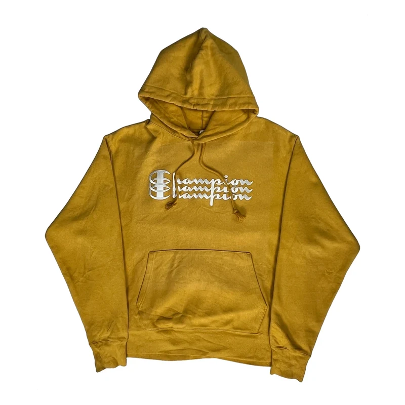 Reverse Weave Champion Spellout Hoodie - Large Yellow Cotton