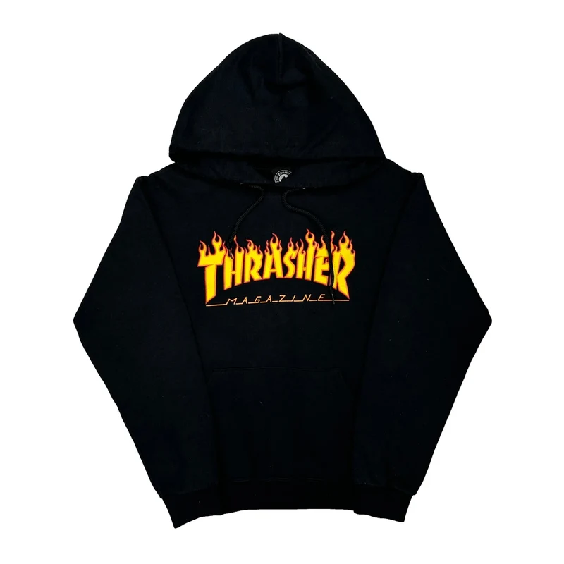 Flame Logo Thrasher Graphic Hoodie - Small Black Cotton