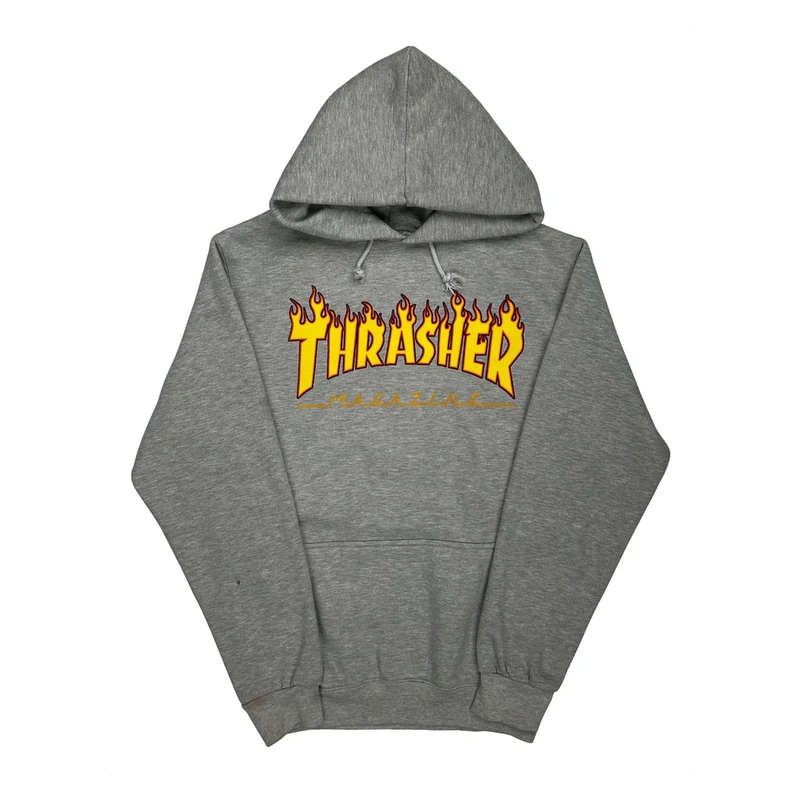 Flame Logo Thrasher Graphic Hoodie - Small Grey Cotton