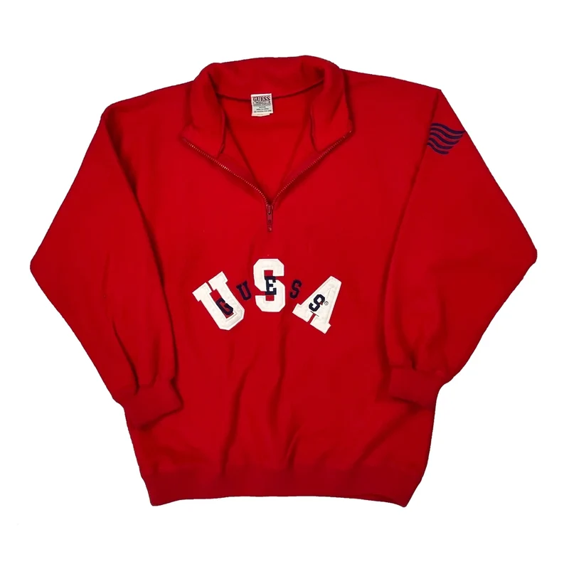 USA Guess Spellout 1/4 Zip - Medium Red Cotton
