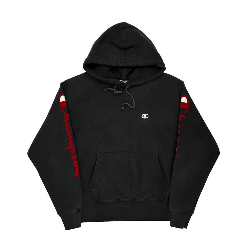 Reverse Weave Champion Spellout Hoodie - Large Black Cotton