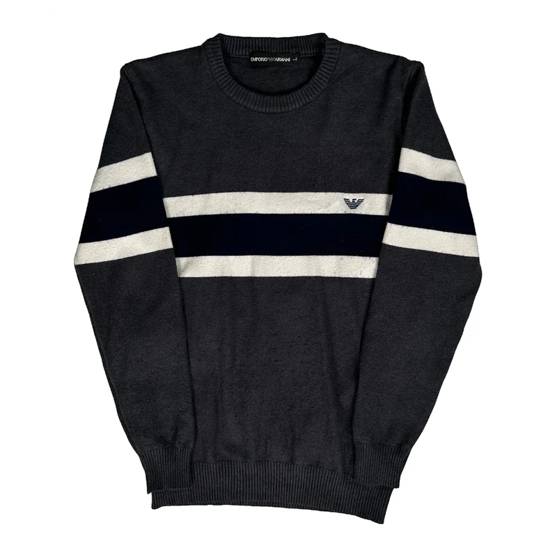 Emporio Armani Striped Jumper - Large Grey Cotton
