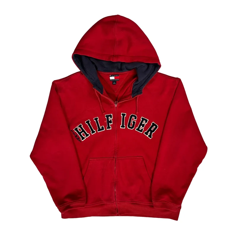 Tommy Hilfiger Full Zip Spellout Hoodie - Medium Red Cotton