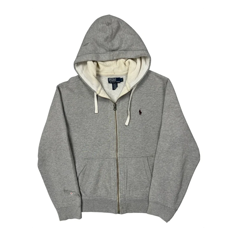 Polo By Ralph Lauren Full Zip Hoodie - Large Grey Cotton