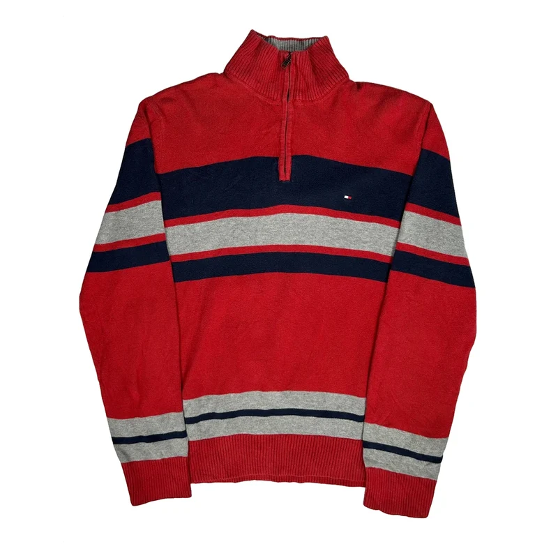 Tommy Hilfiger Striped 1/4 Zip - Large Red Cotton