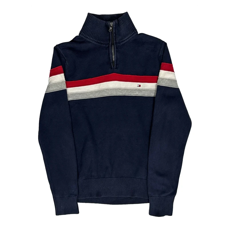 Tommy Hilfiger Striped 1/4 Zip - Small Navy Cotton