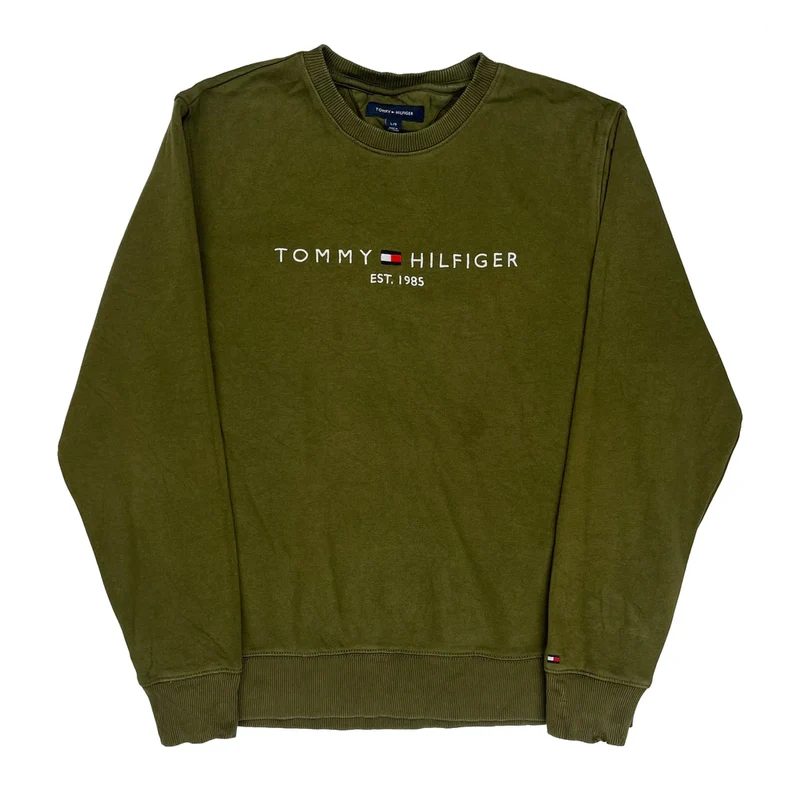 Tommy Hilfiger Spellout Sweatshirt - Large Green Cotton