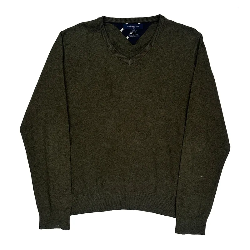Cotton Cashmere Tommy Hilfiger V-Neck Jumper - Large Green Cashmere
