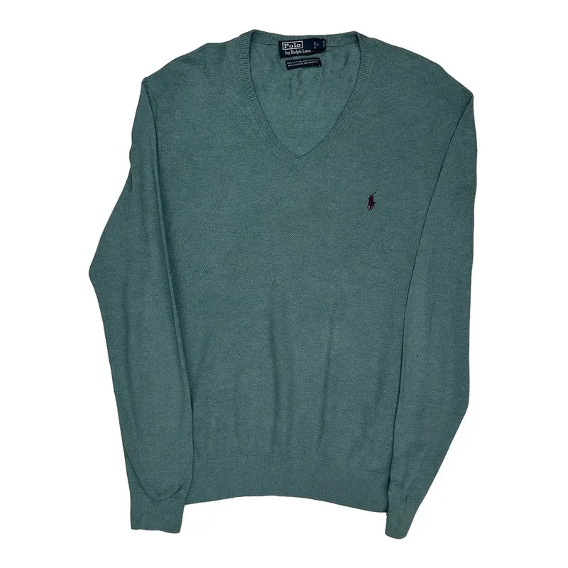 Cotton Cashmere Polo By Ralph Lauren V-Neck Jumper - Large Green Cashmere