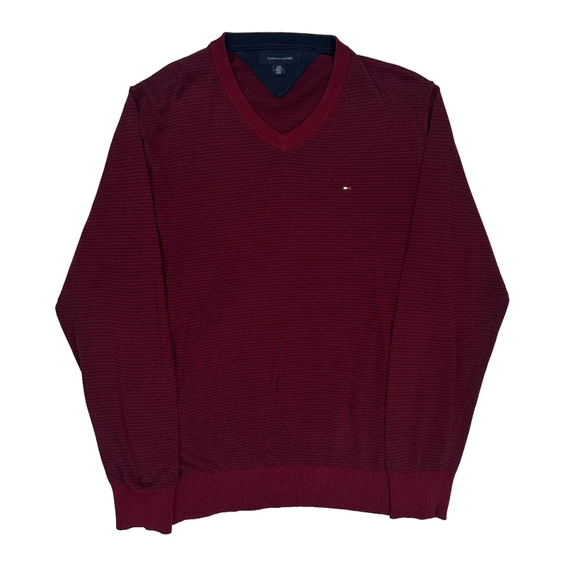 Tommy Hilfiger Striped Jumper - Large Burgundy Cotton