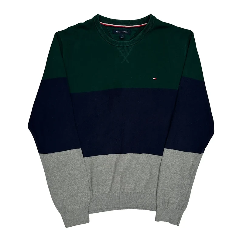Tommy Hilfiger Striped Jumper - Large Green Cotton