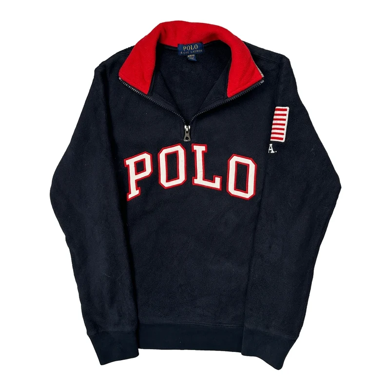 Age 10-12 Polo By Ralph Lauren USA Flag On Sleeve 1/4 Zip - Medium Navy Polyester