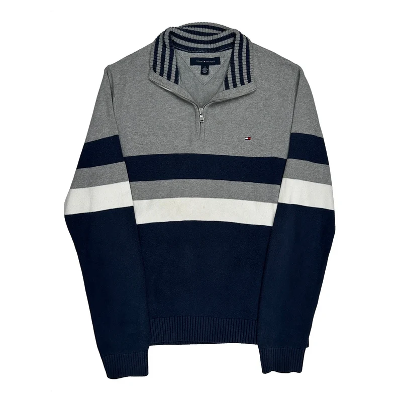 Tommy Hilfiger Striped 1/4 Zip - Medium Grey Cotton