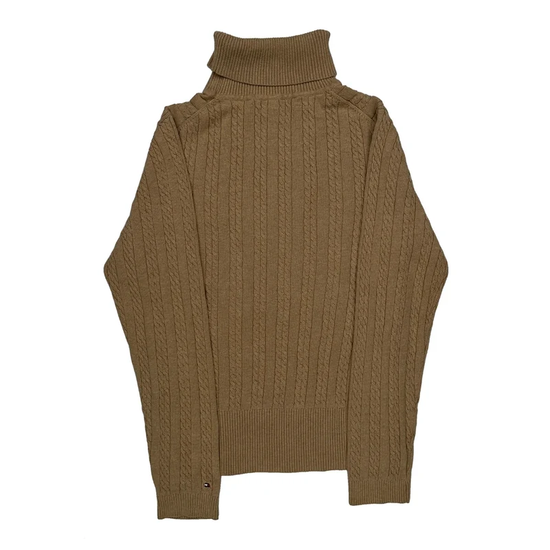 Cable Knit Tommy Hilfiger Roll Neck Jumper - Medium Brown Cotton
