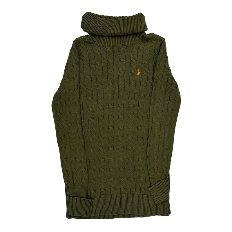 Cable Knit Ralph Lauren Sport Roll Neck Dress Jumper - Small Green Cotton