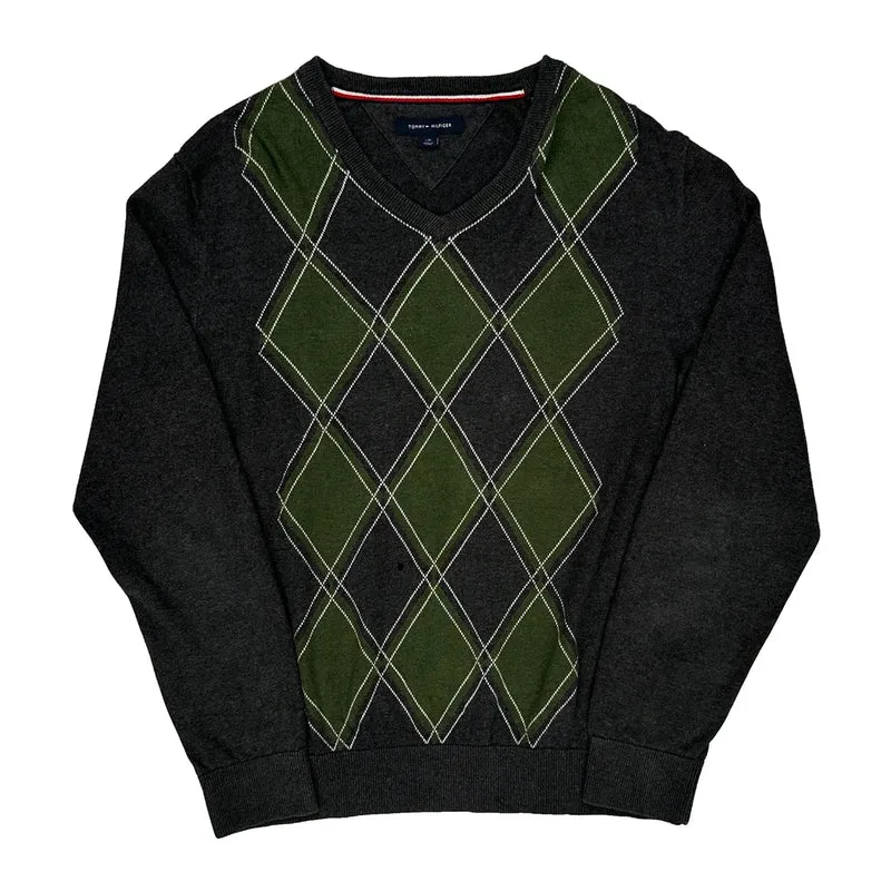 Tommy Hilfiger Argyle Jumper - Large Grey Cotton