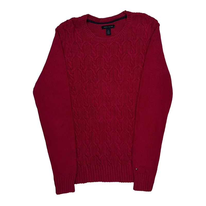 Cable Knit Tommy Hilfiger Jumper - Large Red Cotton