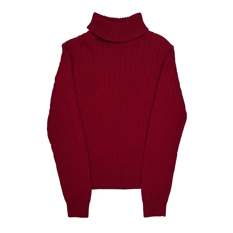Cable Knit Tommy Hilfiger Roll Neck Jumper - Medium Red Cotton