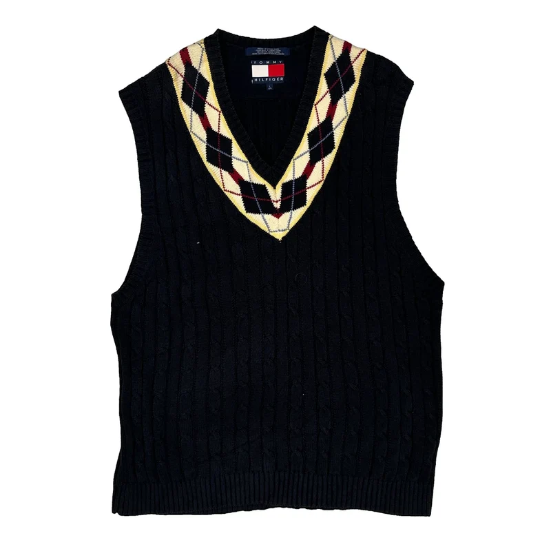 Tommy Hilfiger Argyle Sweater Vest - Large Black Cotton