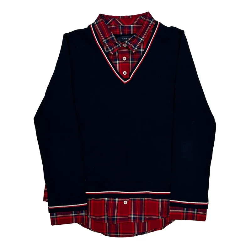 Layered Tommy Hilfiger Checked Jumper - Medium Red Cotton