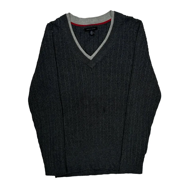 Cable Knit Tommy Hilfiger V-Neck Jumper - Large Grey Cotton