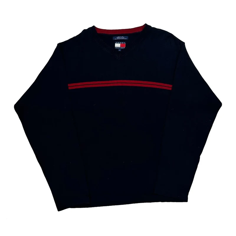 Tommy Hilfiger Striped Jumper - Large Black Cotton