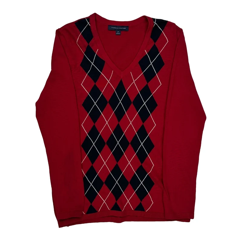 Tommy Hilfiger Argyle Jumper - Large Red Cotton
