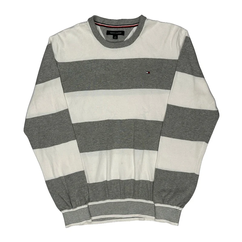 Tommy Hilfiger Striped Jumper - Large Grey Cotton