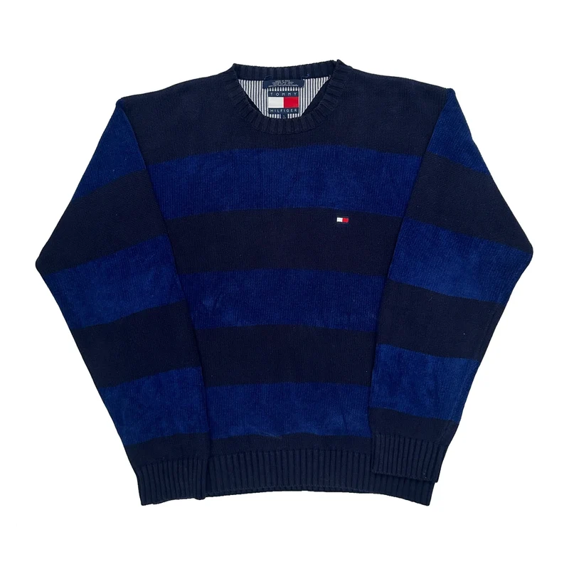 Chunky Knit Tommy Hilfiger Striped Jumper - Large Blue Cotton
