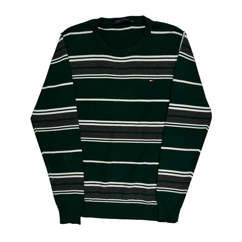 Tommy Hilfiger Striped Jumper - Large Green Cotton