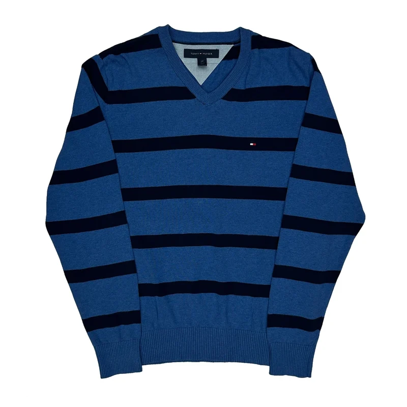 Tommy Hilfiger Striped Jumper - Small Blue Cotton