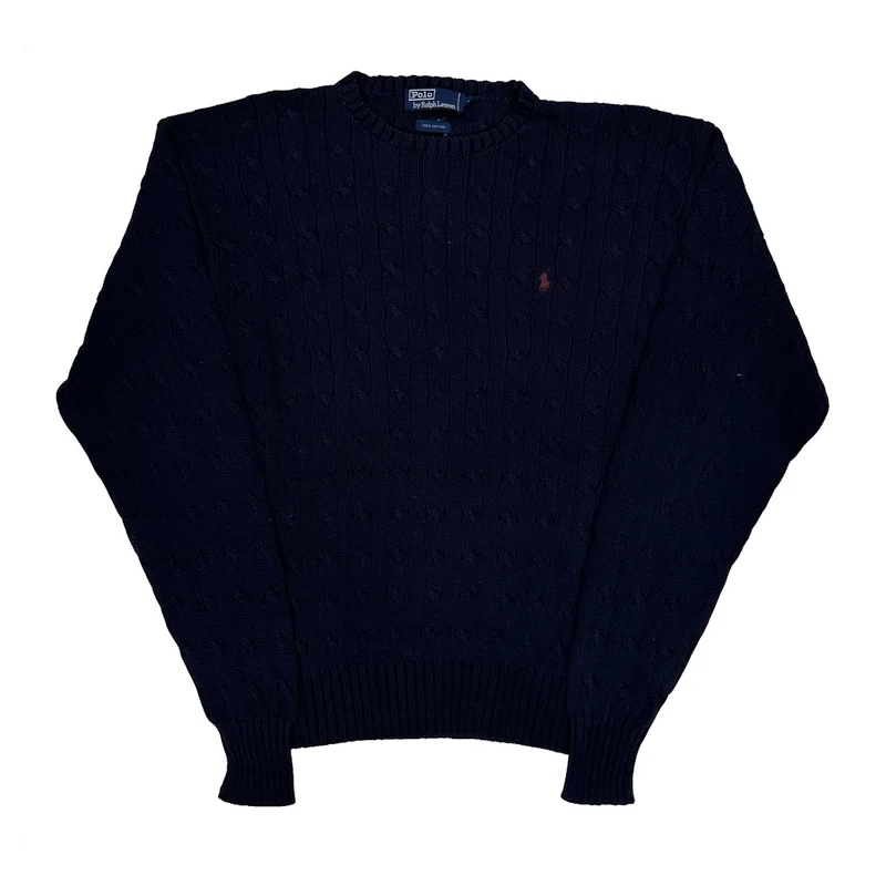Polo By Ralph Lauren Cable Knit Jumper - Large Navy Cotton