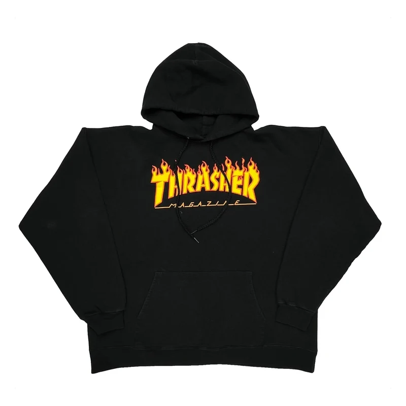 Flame Logo Thrasher Graphic Hoodie - Large Black Cotton