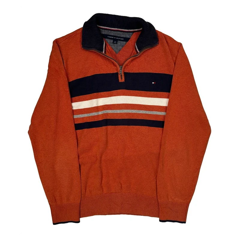 Tommy Hilfiger Striped 1/4 Zip - Large Orange Cotton
